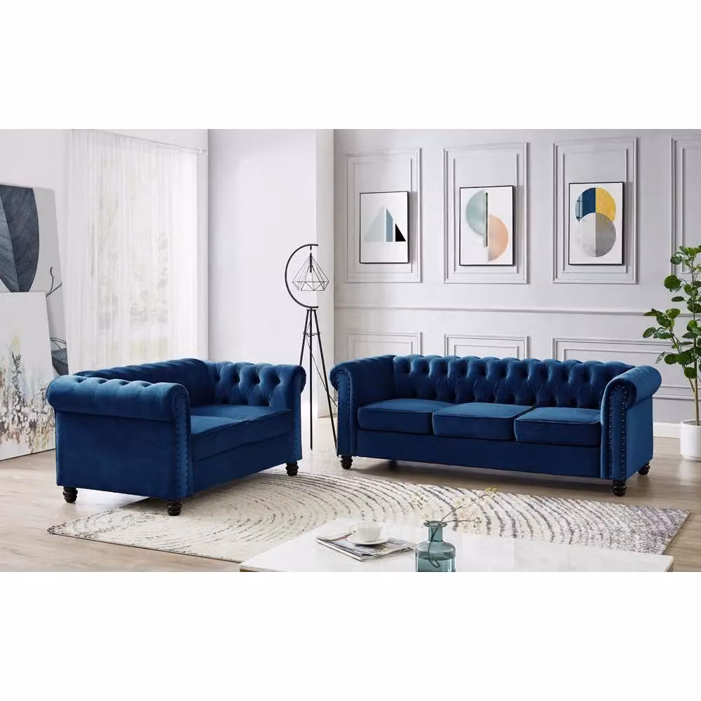 Home Detail Chester 2 Seater Blue Velvet Chesterfield Sofa – 4