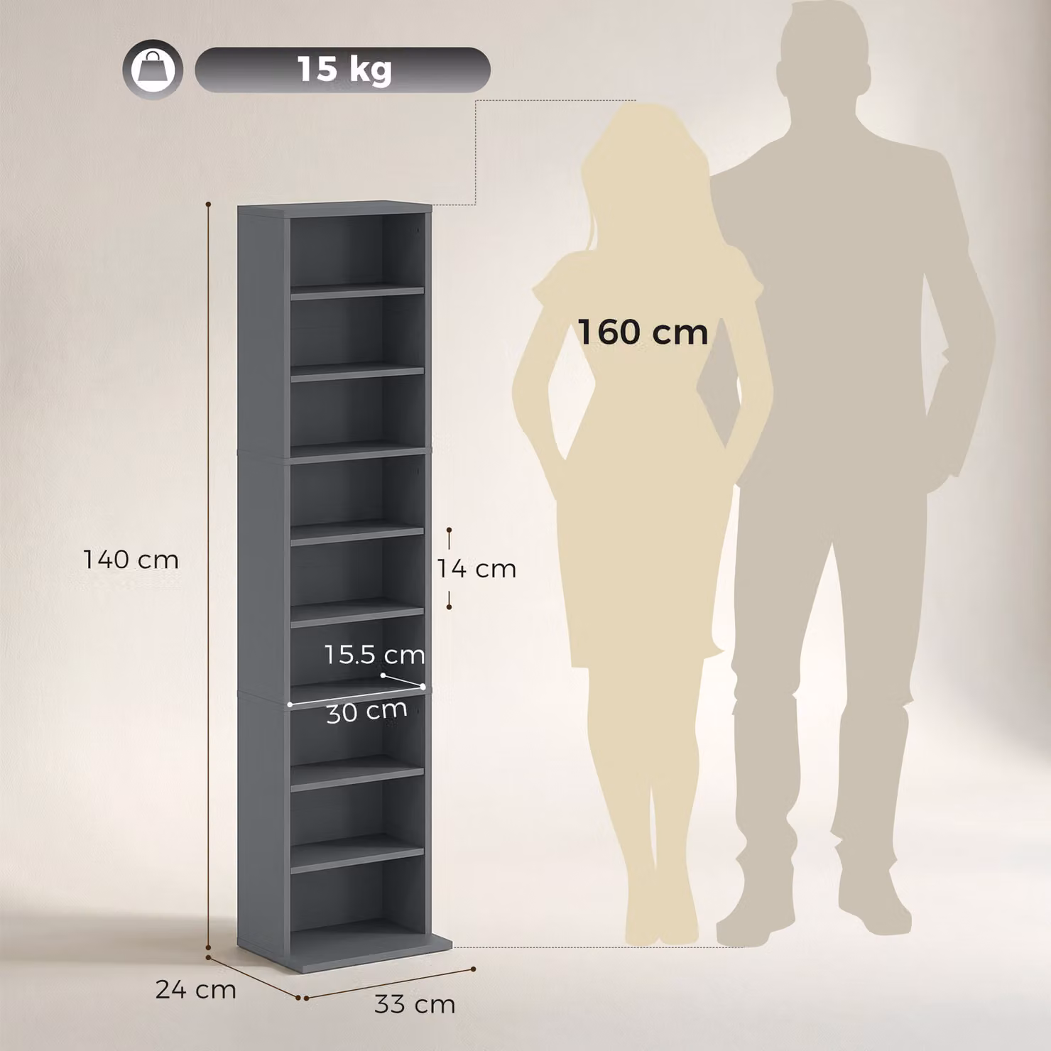 HOMCOM 260 Narrow CD Storage Unit in Grey with Adjustable Shelves and Media Compartments – 3