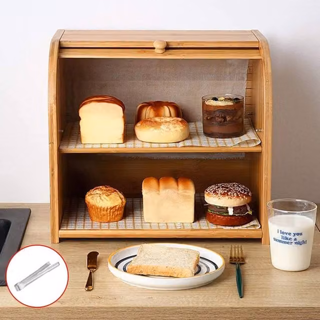 Ventryn 2 Tier Roll Top Bread Bin with Compartments, Brown