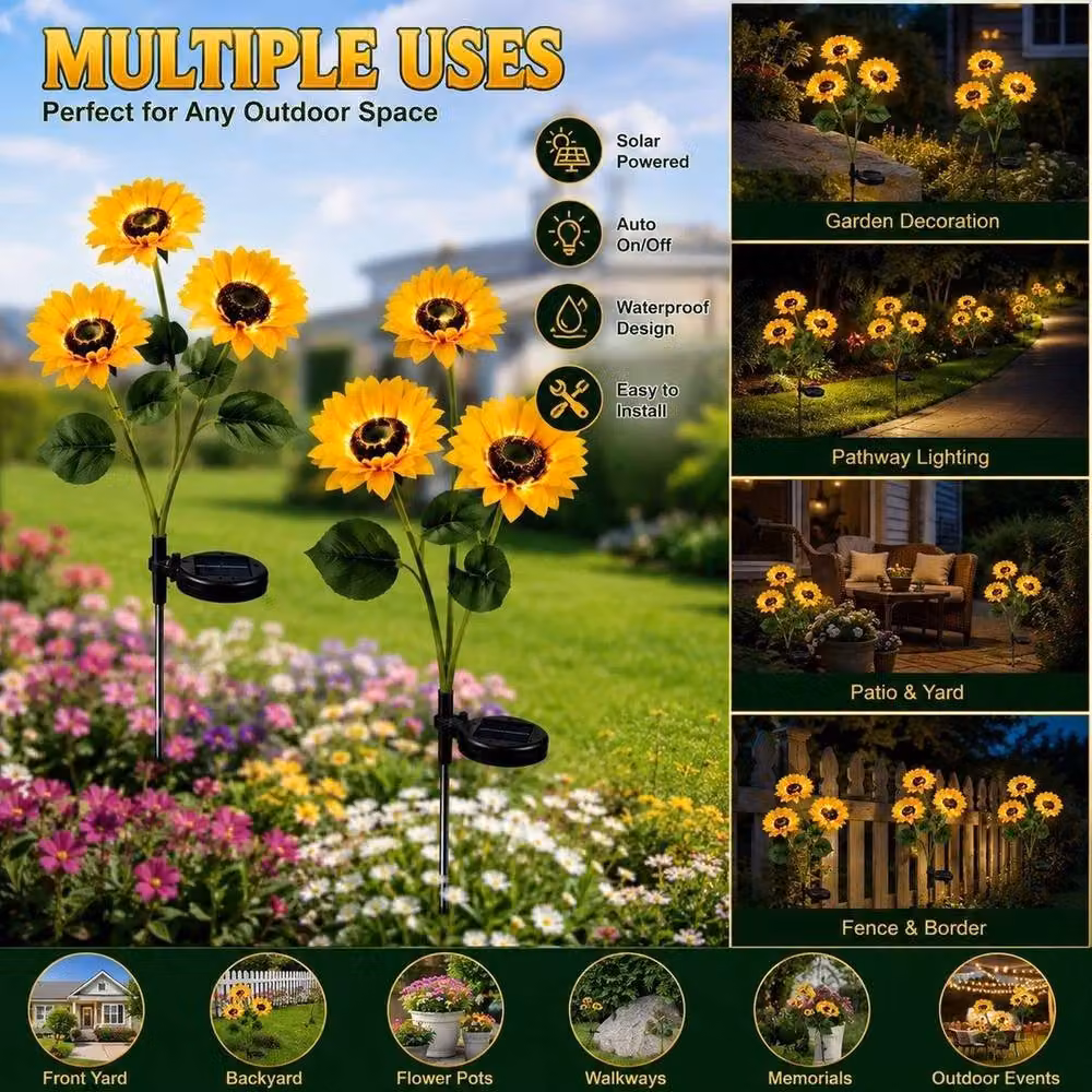FLAVORA 2 Pack Yellow Sunflower Solar LED Garden Lights with Dusk Sensor and Ground Spike – 4