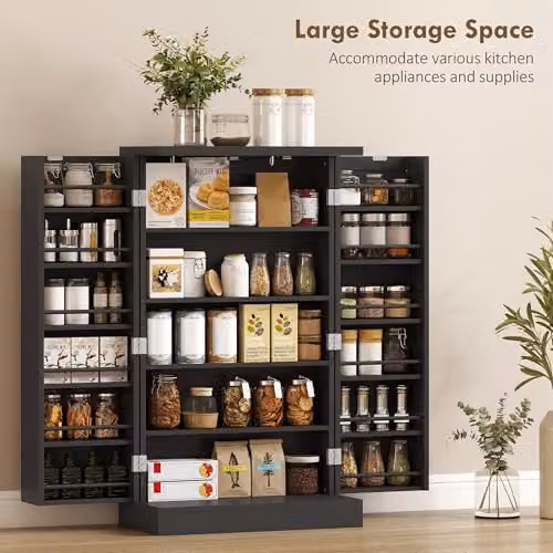 HOMCOM Black Modern Kitchen Pantry Cabinet with Hinged Double Doors and Internal Shelves, H: 104 cm, W: 60 cm, D: 30 cm – 4