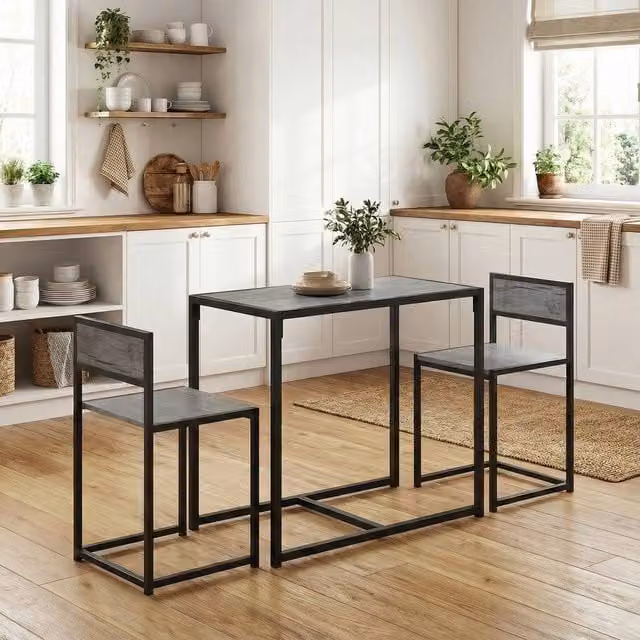 HOMCOM 3 Piece Industrial Dining Table and Chairs Set in Grey – 1