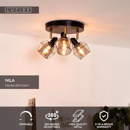 Lucide Nila Dimmable Adjustable Vintage Ceiling Spotlight, Black and Gold/Brass, Diameter: 36 cm, 3 x E14 – 3