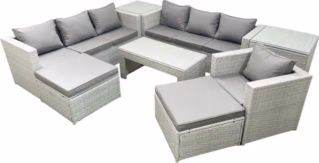 Fimous Wicker PE Rattan Garden Furniture Set in Light Grey Mixed with Oblong Coffee Table, Armchair, 2 Big Footstools and 2 Side Tables