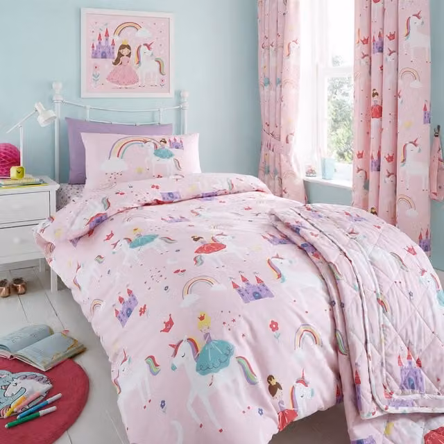 Happy Linen Company Kids Castle Unicorns and Princesses Reversible Duvet Cover and Pillowcase Set, Pink, W/D/H: 90 x 190 cm