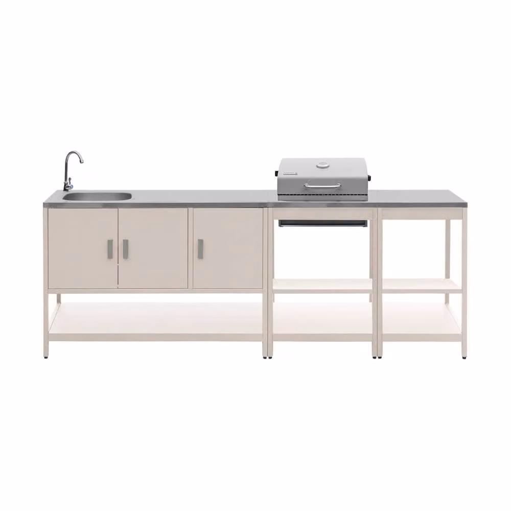 Sweekeek Outdoor Kitchen with Charcoal Barbecue and 3 Modules including Sink in Beige and Stainless Steel – 2