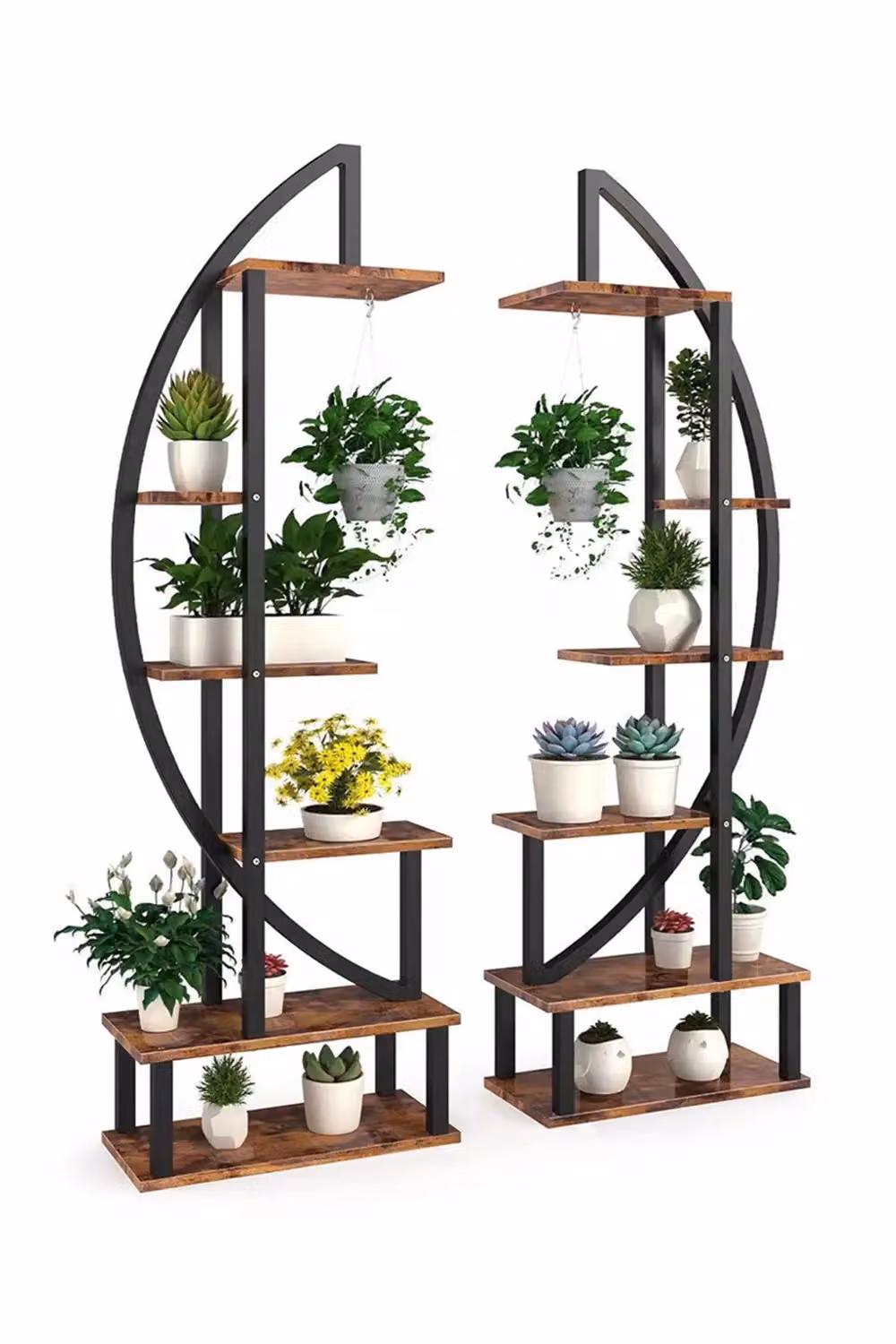 Living and Home 2 Piece Crescent 6-Tier Wood Plant Stand and Flower Rack Display Shelf with Hooks in Dark Brown – 3