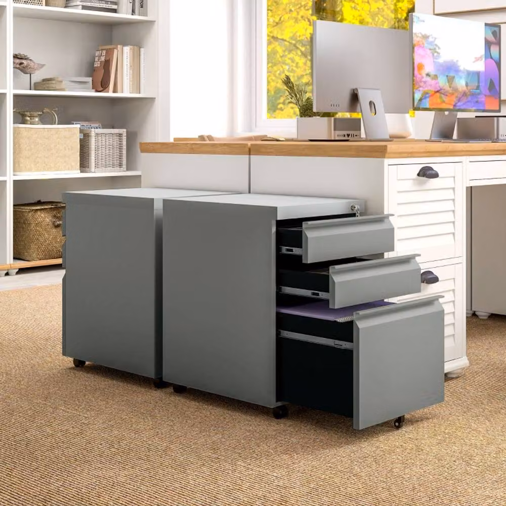 STILVORA 3-Drawer Metal Filing Cabinet with Lock and Castors, Grey, W/D/H: 48 x 39 x 60 cm – 2