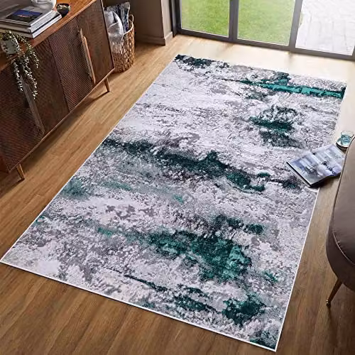 Serdim Rugs Emperor Abstract Modern Hallway Runner Rug, Aqua and Silver, W: 60 cm, L: 220 cm – 5