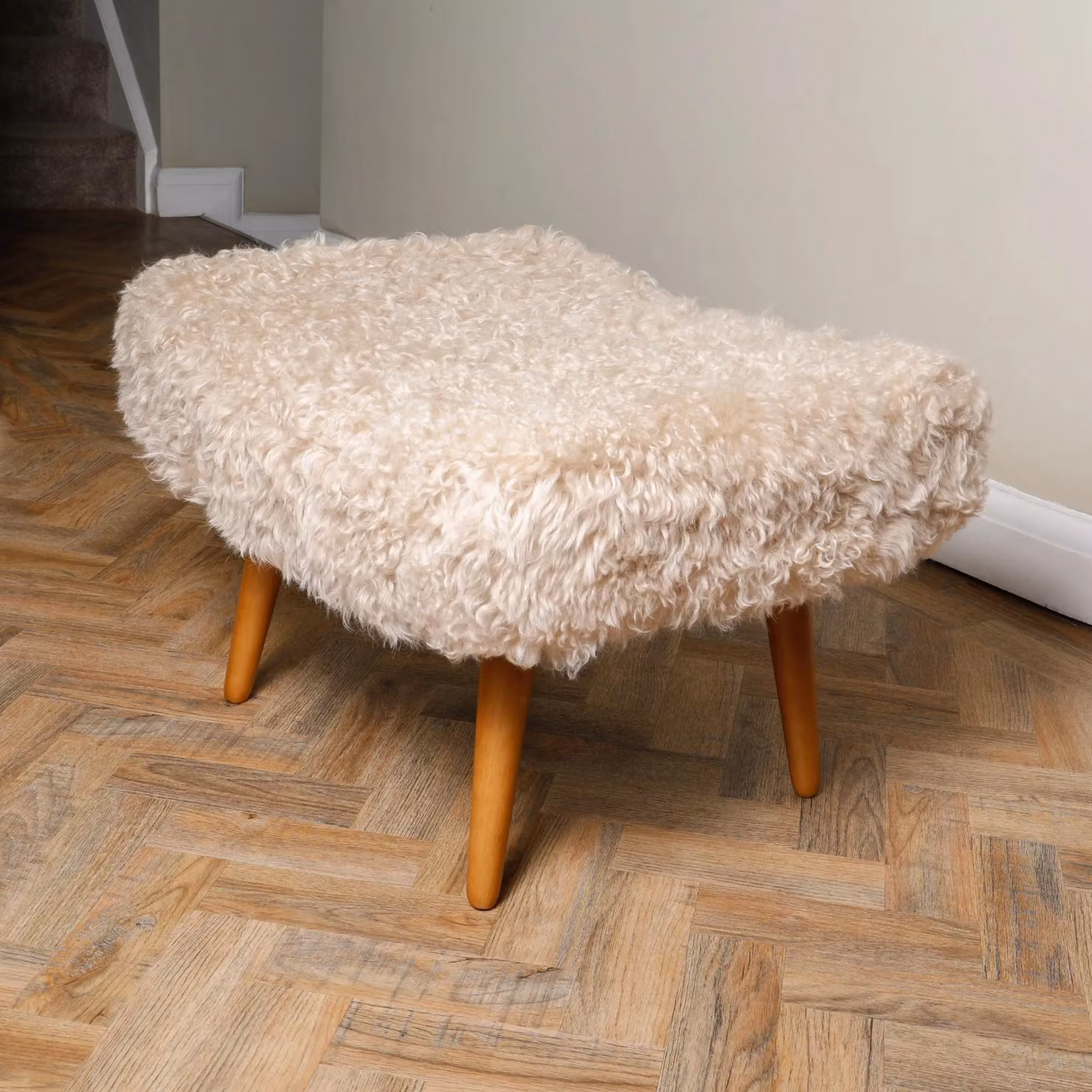 Native Natural Beige Sheepskin and Oak Wood Mid-Century Rectangular Footstool – 2