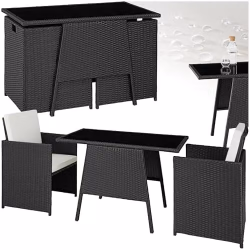 tectake Rattan Bistro Set with 2 Chairs and 1 Glass Top Table in Black