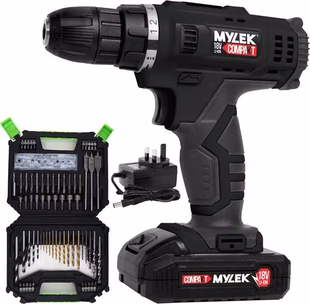 MYLEK 18V Li-ion Cordless Combi Drill and Screwdriver Accessory Kit, Black, 128 Pieces