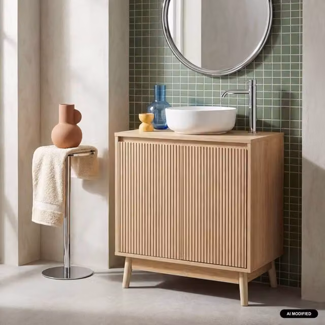 sweeek Scandinavian Beige Pine Bathroom Vanity with 2 Hinged Doors and Internal Shelves, W/D/H: 70 x 40 x 65 cm