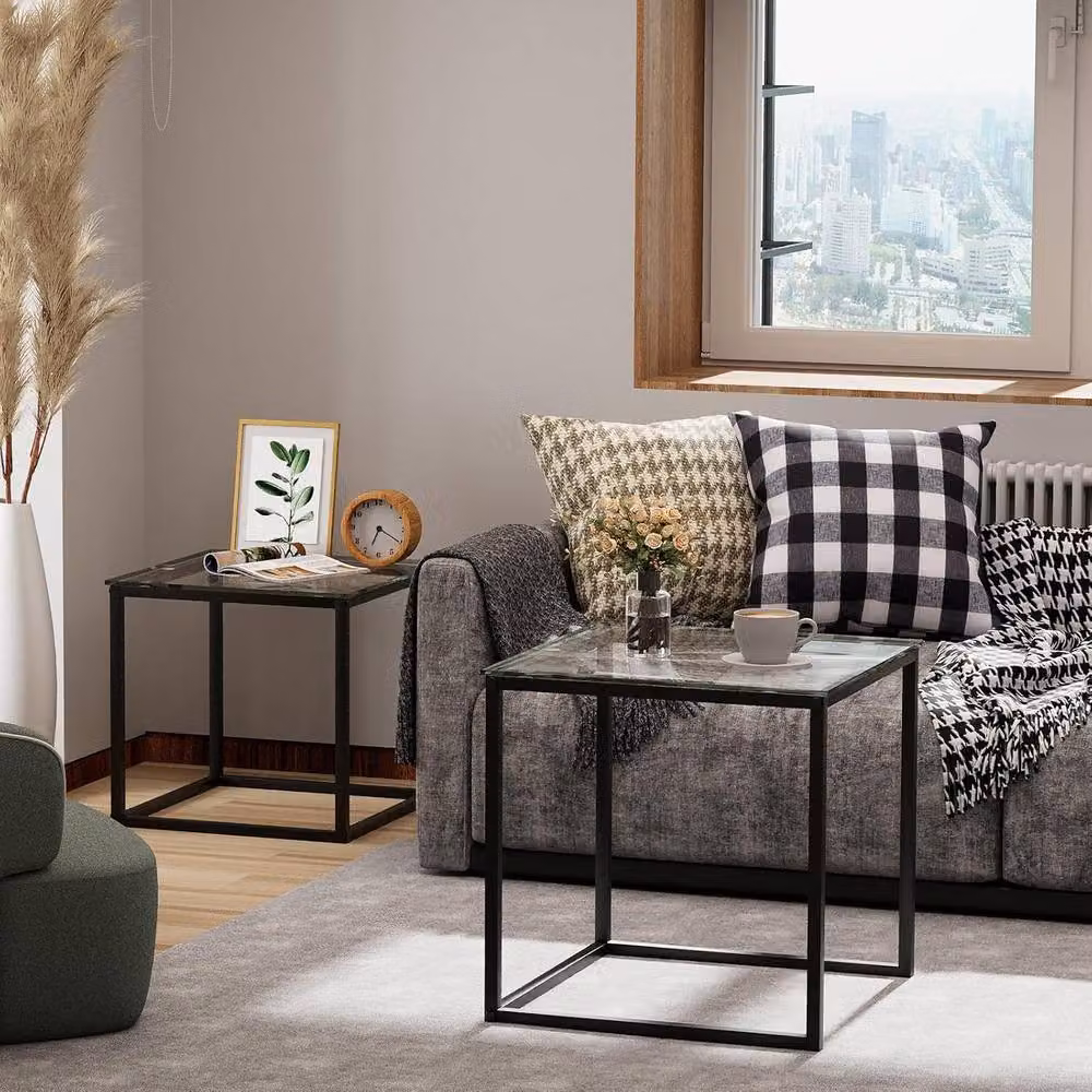Huhote Set of 2 Modern Nesting Side Tables with Black Matt Metal Frame and Glass Tops – 6