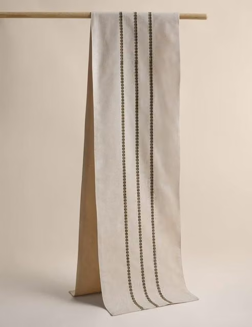 M&S Cotton Rich Striped Table Runner in Green and Beige with Linen Olive