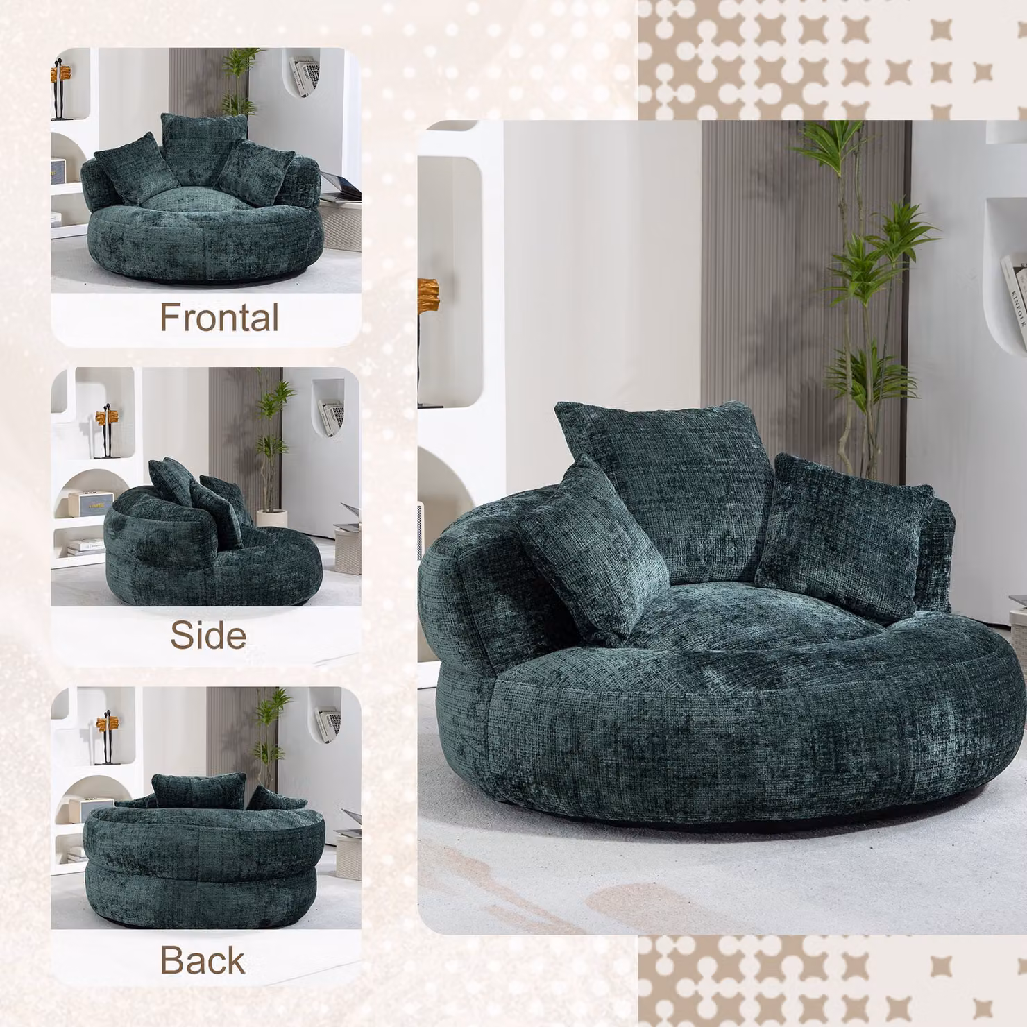 Aosom UK Green Lazy Sofa Bean Bag Chair with 3 Pillows and Shredded Memory Foam Filling, W/D/H: 108 x 108 x 52 cm – 4