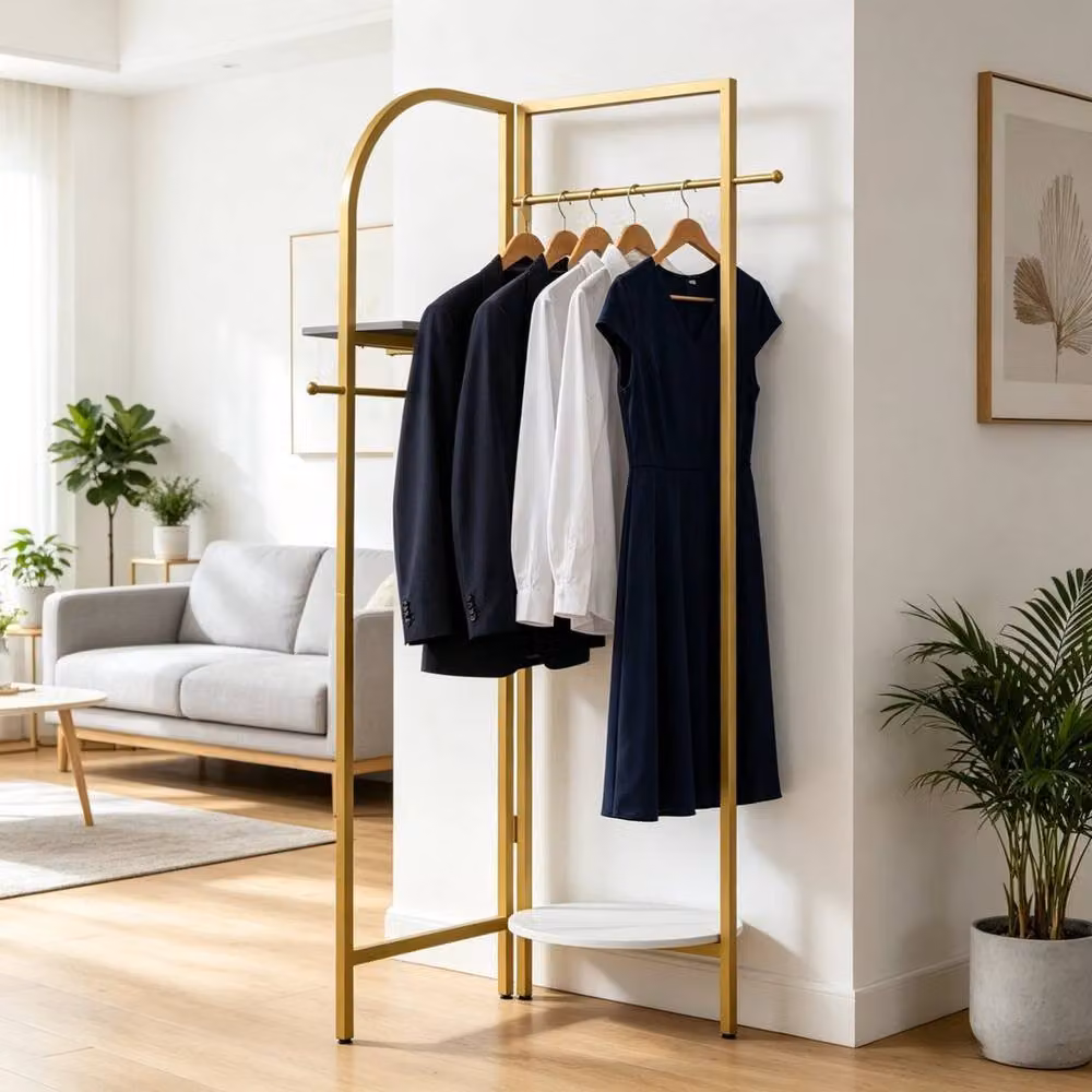 KORVIXA Modern Glossy Gold Metal Clothes Rail with Dual Hook and Rail Matrix – 4