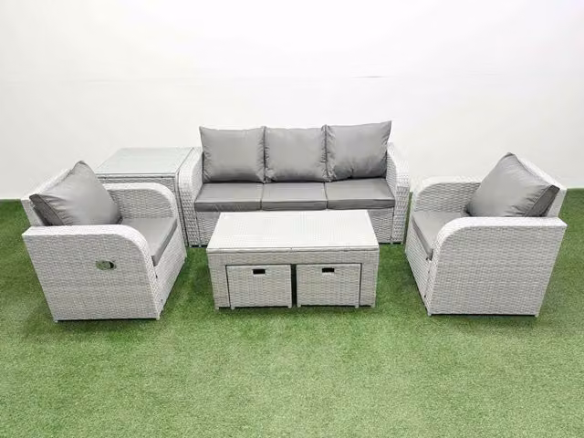 Fimous PE Rattan Garden Furniture Set in Light Grey with 3-Seater Sofa, Reclining Chairs, Coffee Table, Side Table and 2 Stools