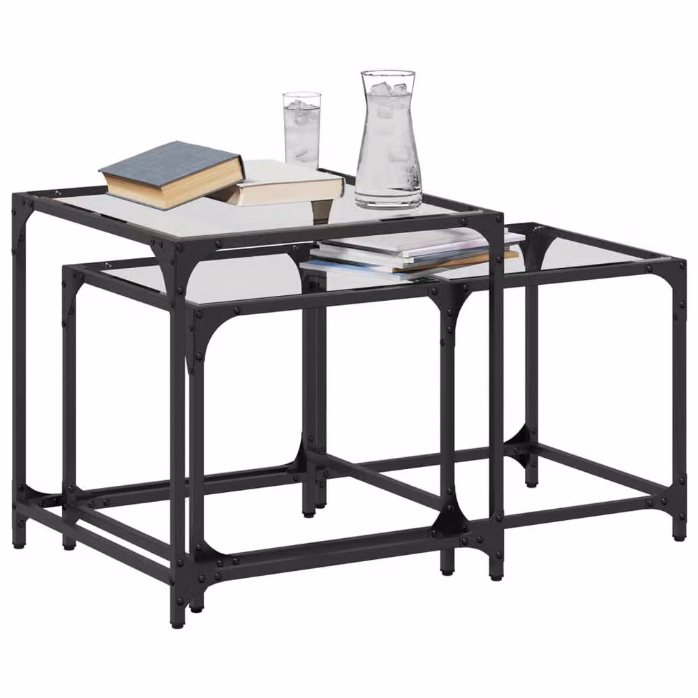 Berkfield Home Nesting Coffee Tables, 2 Piece Set with Transparent Glass Tops and Black Steel Frames – 3