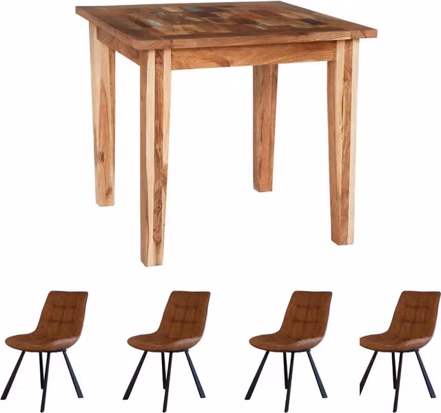 IH Design Reclaimed Boat Small Square Wooden Dining Table Set with 4 Chairs in Multicolour and Brown
