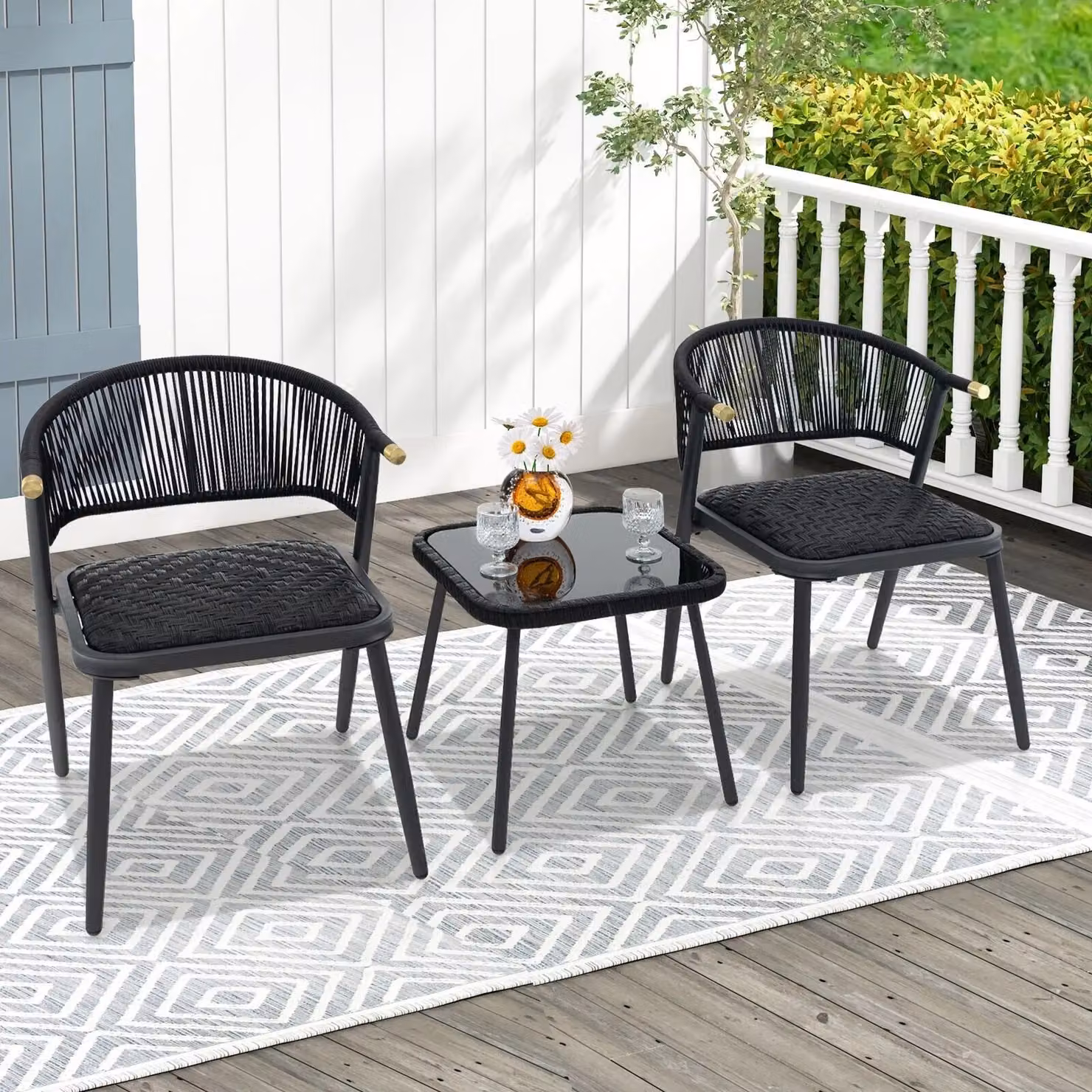 Costway 3 Piece Outdoor Wicker Furniture Set with Rattan Armchairs and Tempered Glass Coffee Table in Black – 4