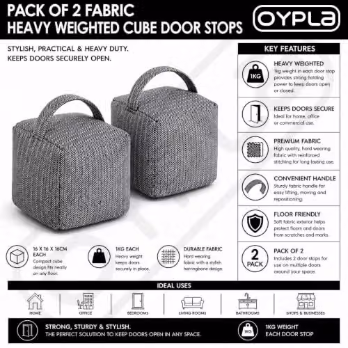 Oypla Pack of 2 Grey Herringbone Fabric Heavy Weighted Cube Door Stops with Handle W/D/H: 16 x 16 x 16 cm – 2