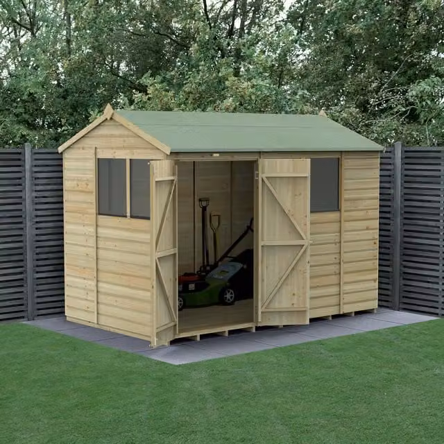 Beckwood Reverse Apex Wood Shed in Green or Brown W/D/H: 304.8 x 182.88 x 304.8 cm