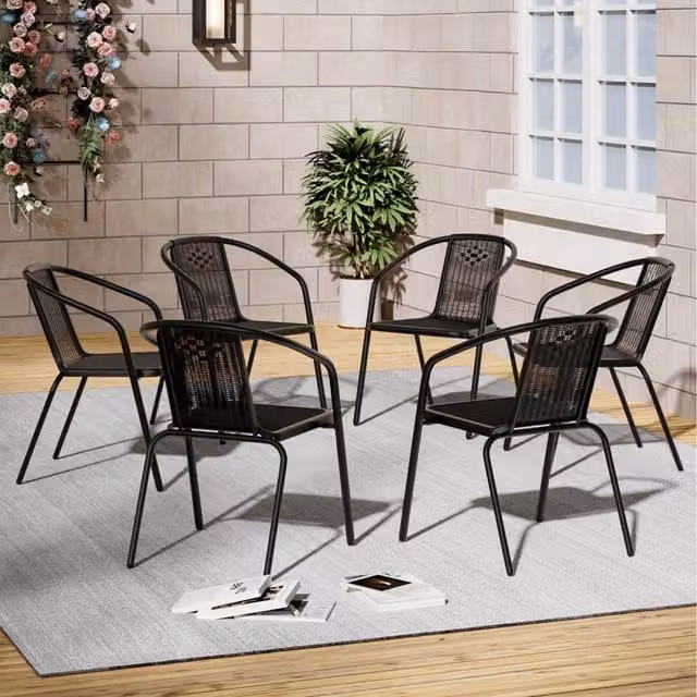 Livingandhome Set of 6 Black Matt Plastic and Metal Stacking Garden Chairs