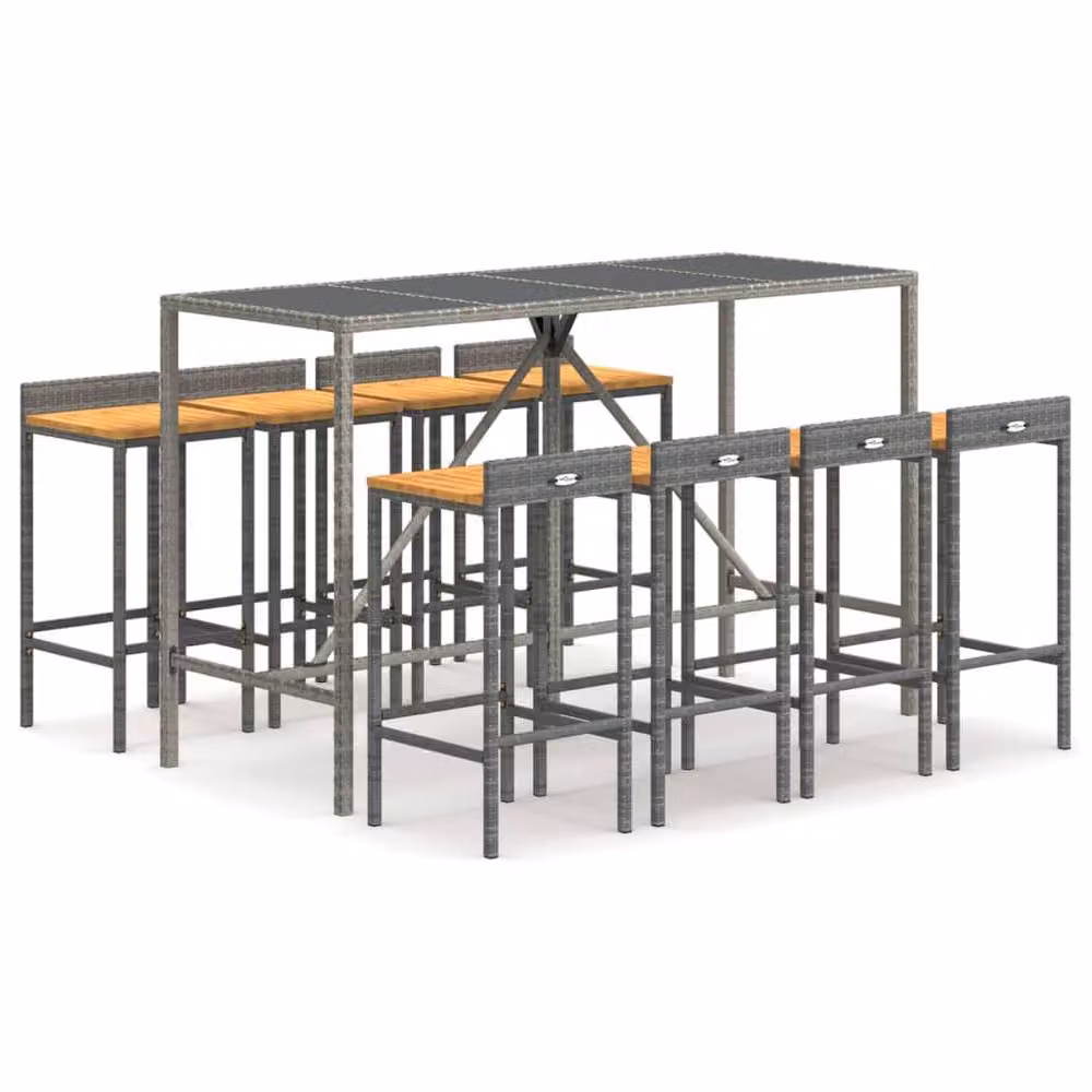 Berkfield Home Beautiful 9 Piece Grey Poly Rattan and Solid Acacia Wood Garden Bar Set – 2