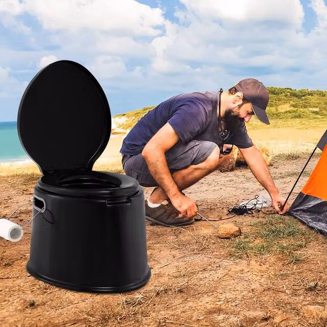 Costway Portable Travel Camping Toilet with Detachable Inner Bucket, Black, H 49 cm x W 41 cm x D 34 cm