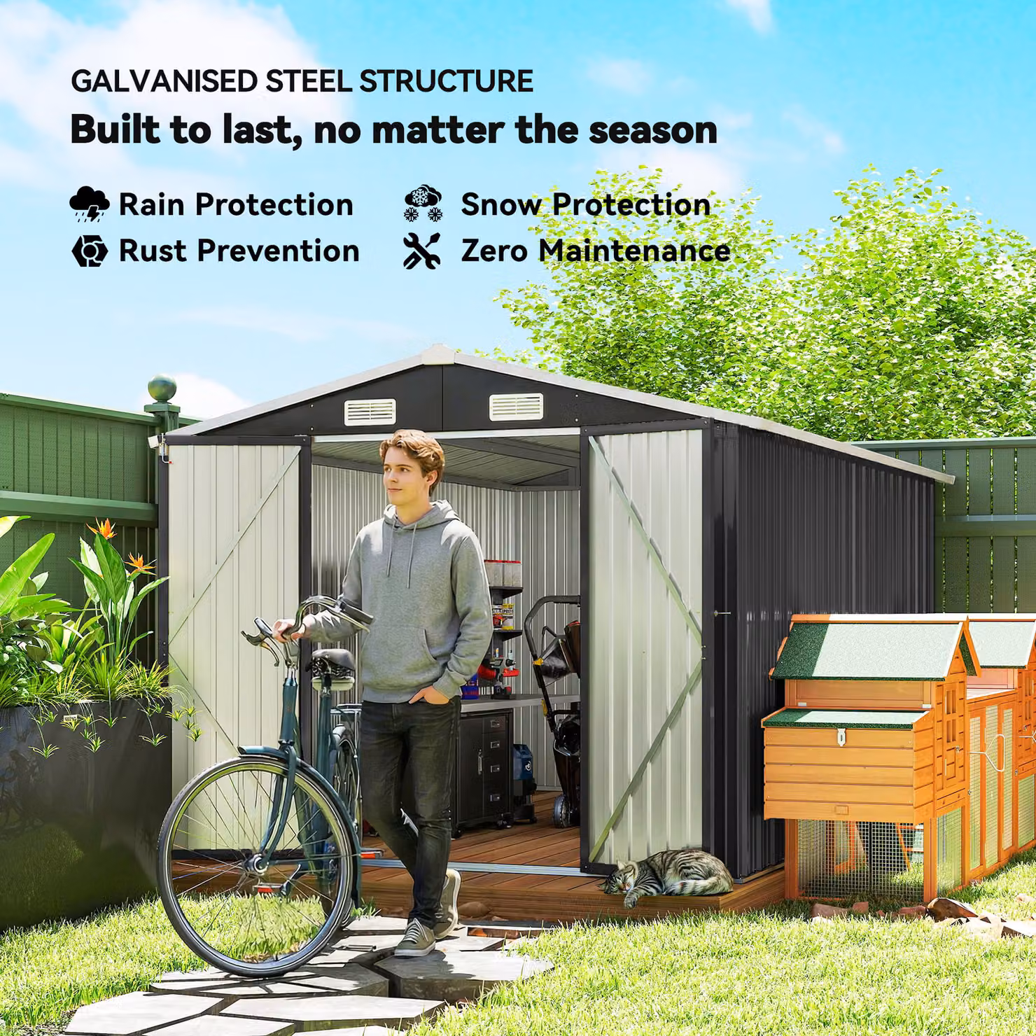 Outsunny Dark Grey Galvanised Steel Garden Storage Shed with Lockable Double Doors and 4 Vents, W: 365.76 cm, D: 238.0 cm, H: 194.0 cm – 4
