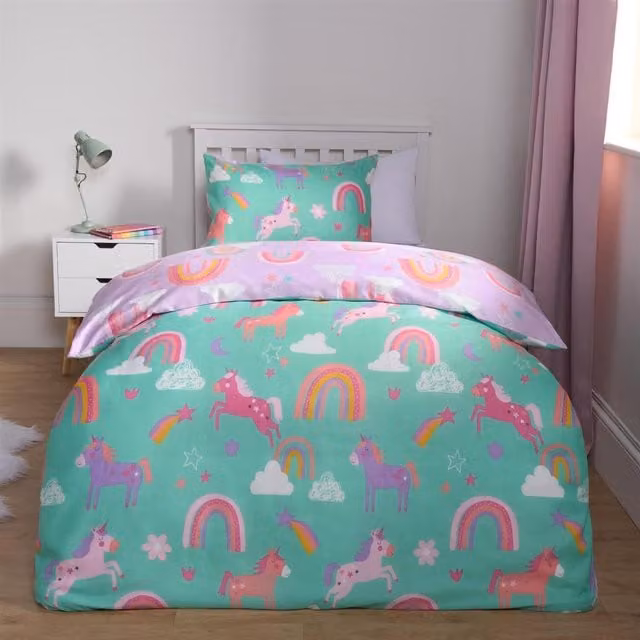 OHS Reversible Unicorn Rainbow Graphic Childrens Duvet Cover, Multicolour Green and Purple, 90 x 190 cm