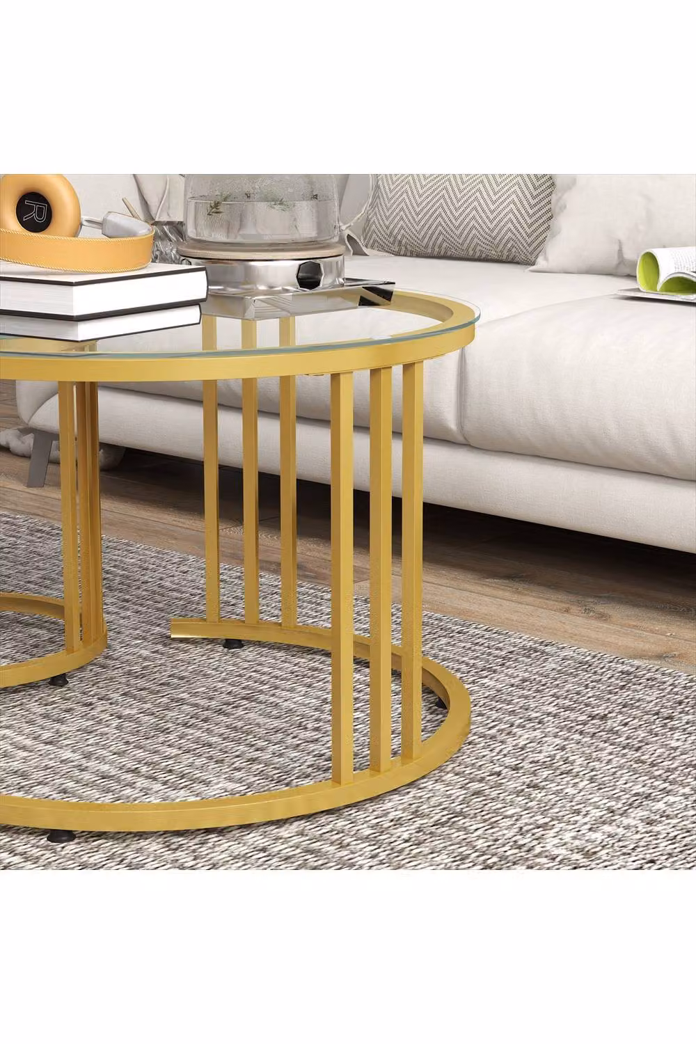 ERGOVEXA Set of 2 Round Nesting Coffee Tables with Gold Tone Metal and Glass Tops – 2