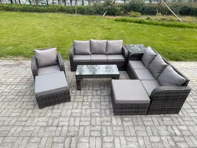 Fimous 9 Seater Rattan Garden Furniture Set in Grey with Upholstered Cushions, Coffee Table, Ottomans and 3 Seater Sofa