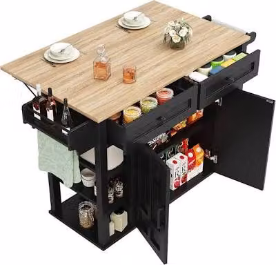 Aosom UK Mobile Kitchen Island Trolley with 2 Drawers, Cabinets and Foldable Tabletop, Black and Beige, W: 129 cm, D: 46 cm, H: 91.5 cm – 2