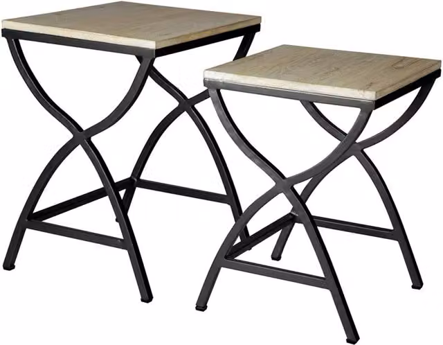 IH Design Set of 2 Industrial Square Nested Tables in Brown and Multicolour with Wood and Metal Construction