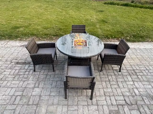 Fimous Outdoor PE Rattan Garden Furniture Set with Round Gas Fire Pit Table and 4 Dining Chairs, Dark Grey Mixed