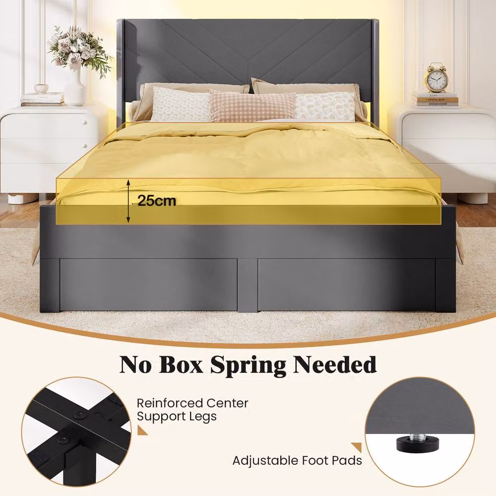Costway King Size Upholstered Platform Bed Frame with LED Under-Bed Lighting and Drawers, Grey Velvet, 180 x 200 cm – 7