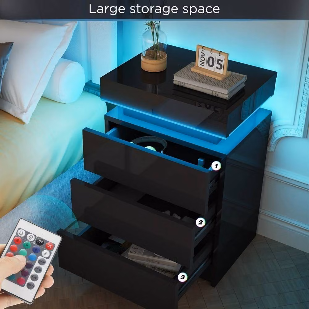 FORGEVIO High Gloss Bedside Table with RGB LED Lighting and 3 Drawers in Black – 4