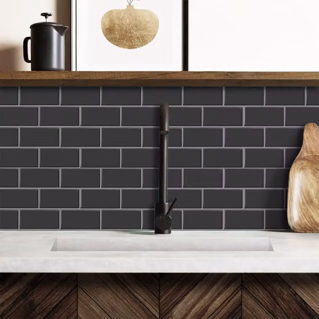 Livingandhome 10-Piece 3D Brick Effect Peel and Stick Backsplash Tiles in Anthracite Grey with Gloss Finish
