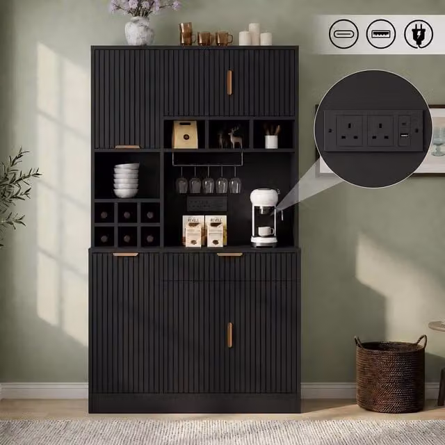 ModernLuxe Tall Sideboard Cabinet in Black with Doors, Drawer, Wine Rack and USB, H 175 x W 40 x D 40 cm