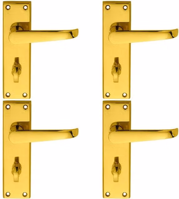 Loops 4 Pairs of Straight Victorian Lever Bathroom Lever Handles on Backplate, Polished Brass, W: 150 mm, H: 43 mm