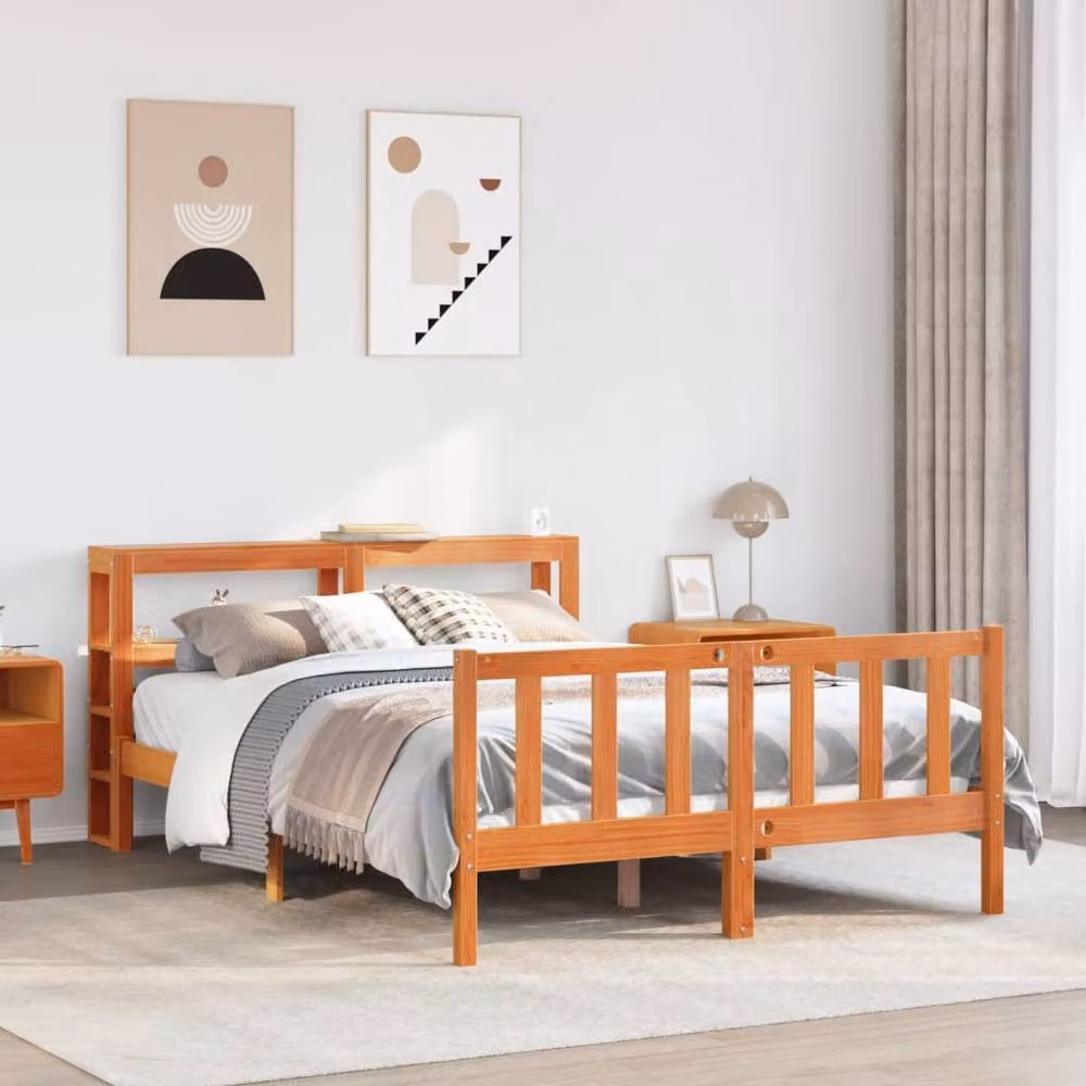 Berkfield Home Beautiful Small Double Bed Frame with Headboard in Wax Brown Pine Wood, W/D/H: 190 x 120 x 82 cm – 2