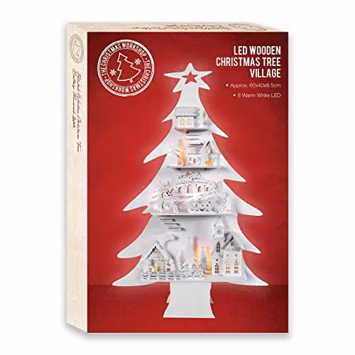 The Christmas Workshop 81310 LED Wooden Christmas Tree Village with 8 Warm White Lights, White, W: 60 cm, D: 40 cm, H: 8.5 cm – 3