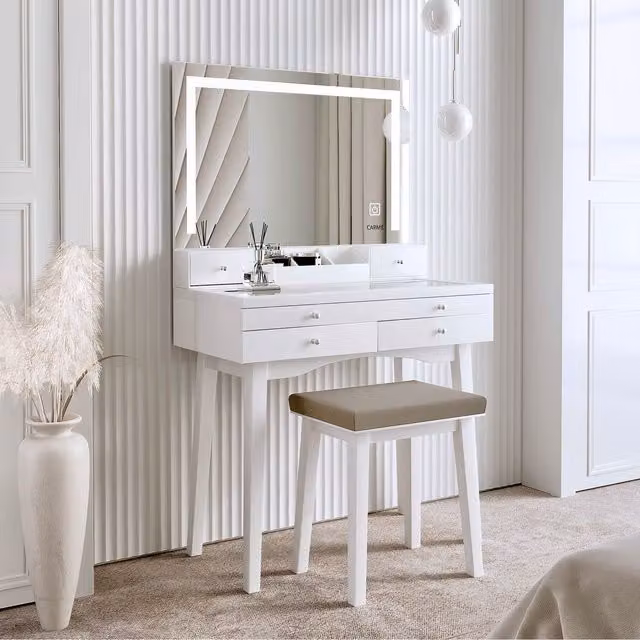 Carme Home Madison Dressing Table with Large LED Light Mirror in White