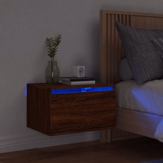 Berkfield Home Wall-mounted Bedside Cabinet with Integrated LED Lights in Brown Oak – 1