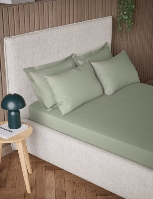 M&S Pure Cotton 300 Thread Count Deep Fitted Sheet, Green, W: 200 cm x D: 200 cm, H: 30 cm
