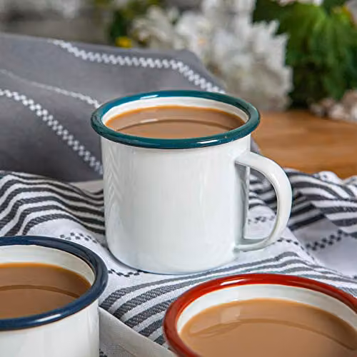 Argon Tableware White Enamel Mugs, Green, Set of 6, 375ml – 2
