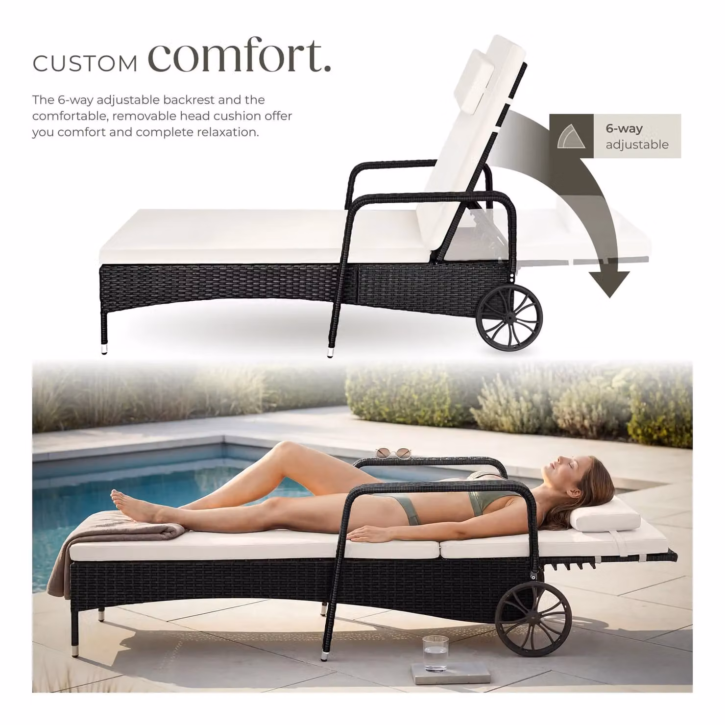 tectake Caspian 1 Seater Sun Lounger with Multicolour Weatherproof Cushions and Castors – 3