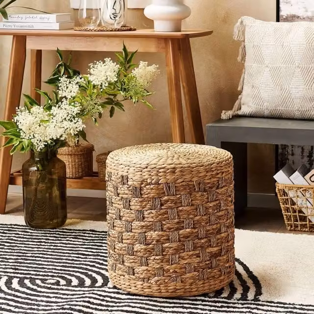 Wyld and Coco Handwoven Natural Seagrass and Water Hyacinth Pouf in Beige and Sand, Diameter: 40 cm